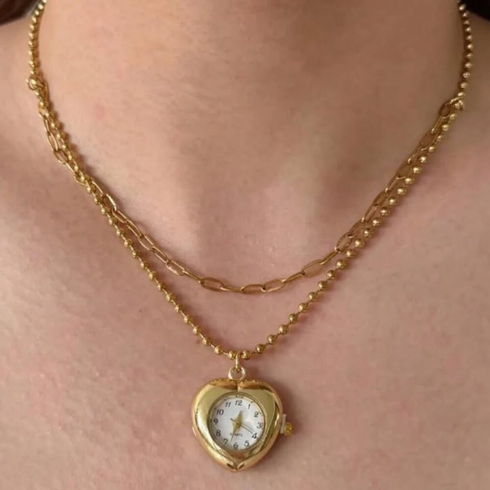 Gold Heart Watch Necklace NEW retro Pendant Love Birthday Mother's Day Gift